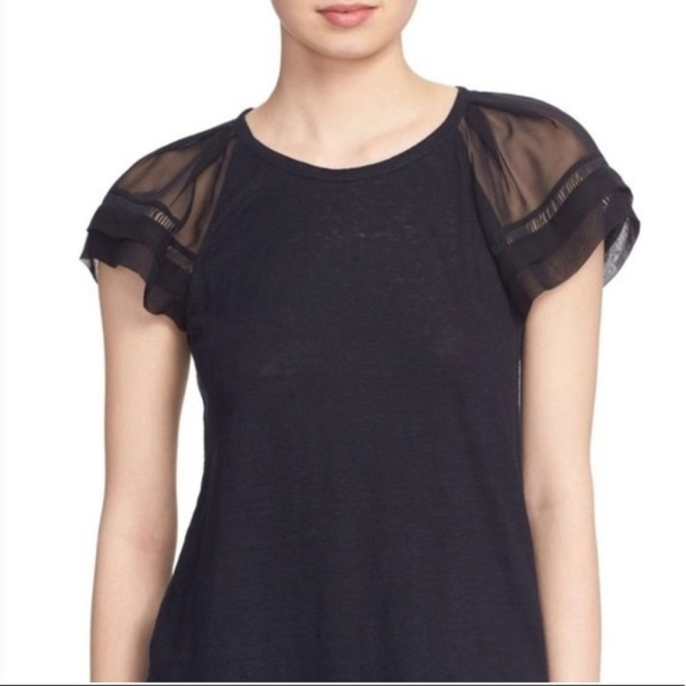 Rebecca Taylor navy blue sheer silk sleeve linen top